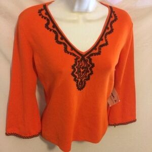 Orange V-Neck Top with Embroidery
